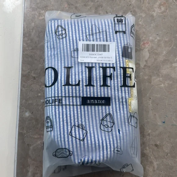 Blue and White Striped Pouch Set with Gold Accents - Picture 2 of 3